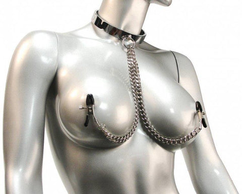 Chrome Slave Collar with Nipple Clamps - MediumLarge